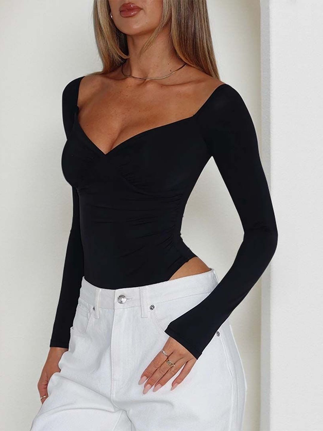 Women's Black V-Neck Bodysuit Blend Printed