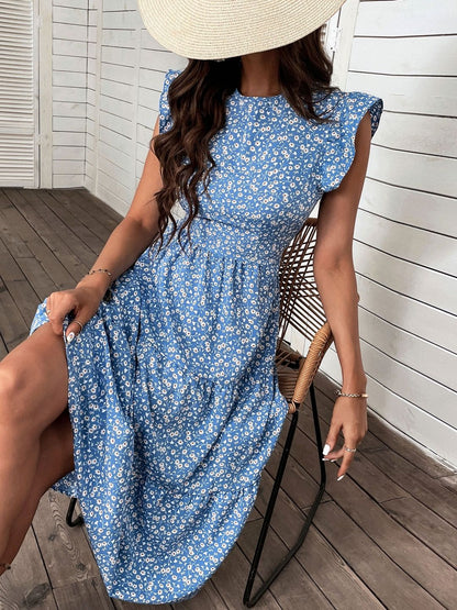 Floral Print Flutter Sleeve Fit & Flare Midi Dress