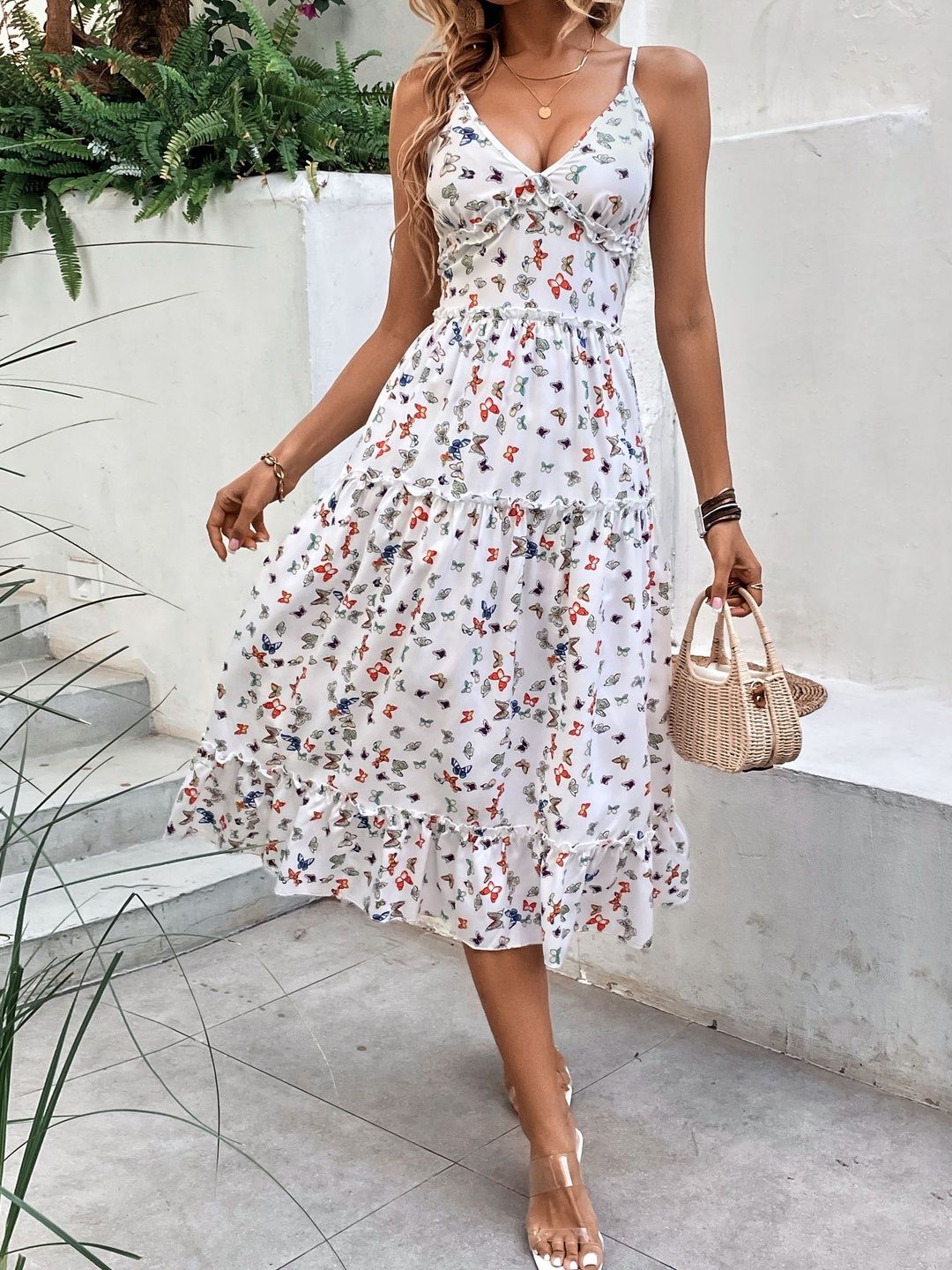 Print Ruffled Fit & Flare Midi Dress