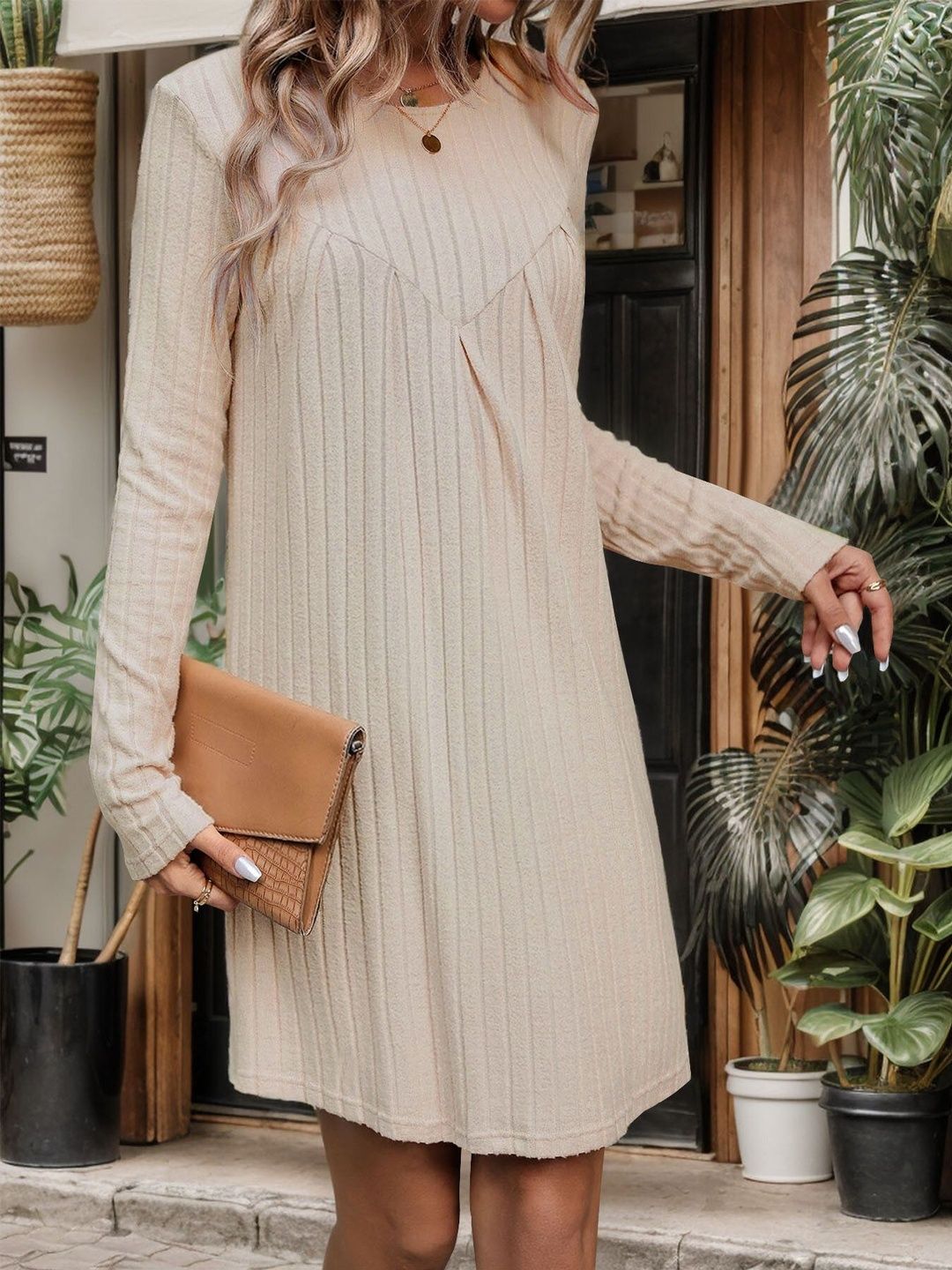 Women's Beige A-Line Dress Blend Printed