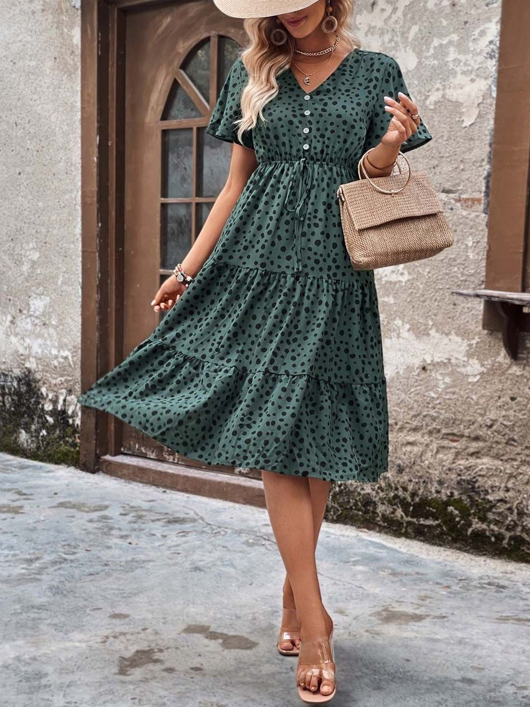 NOWI Polka Dot Printed Flared Sleeve Fit & Flare Midi Dress