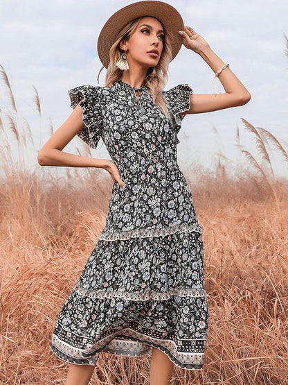 Floral Print Flutter Sleeve Fit & Flare Midi Dress in Black cotton - Nowi Korean Fashion