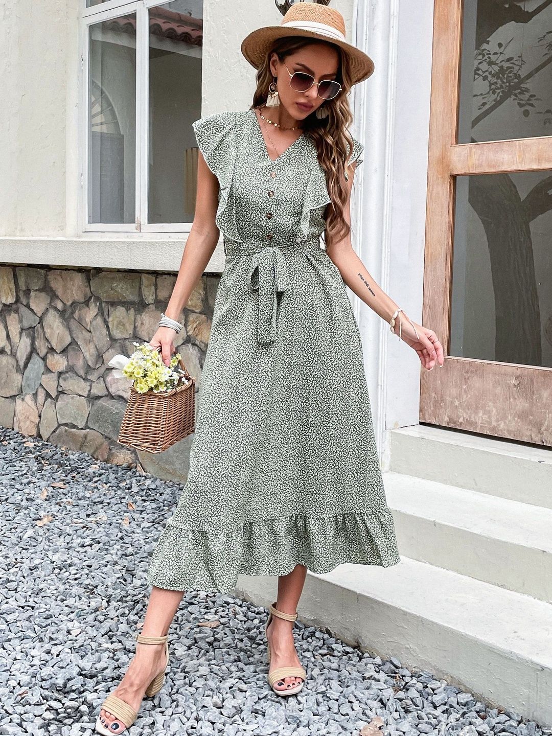 Floral Print Flutter Sleeve Ruffled A-Line Midi Dress