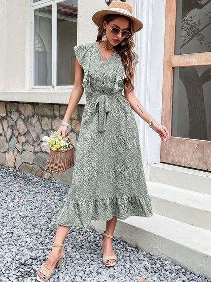 Floral Print Flutter Sleeve Ruffled A-Line Midi Dress
