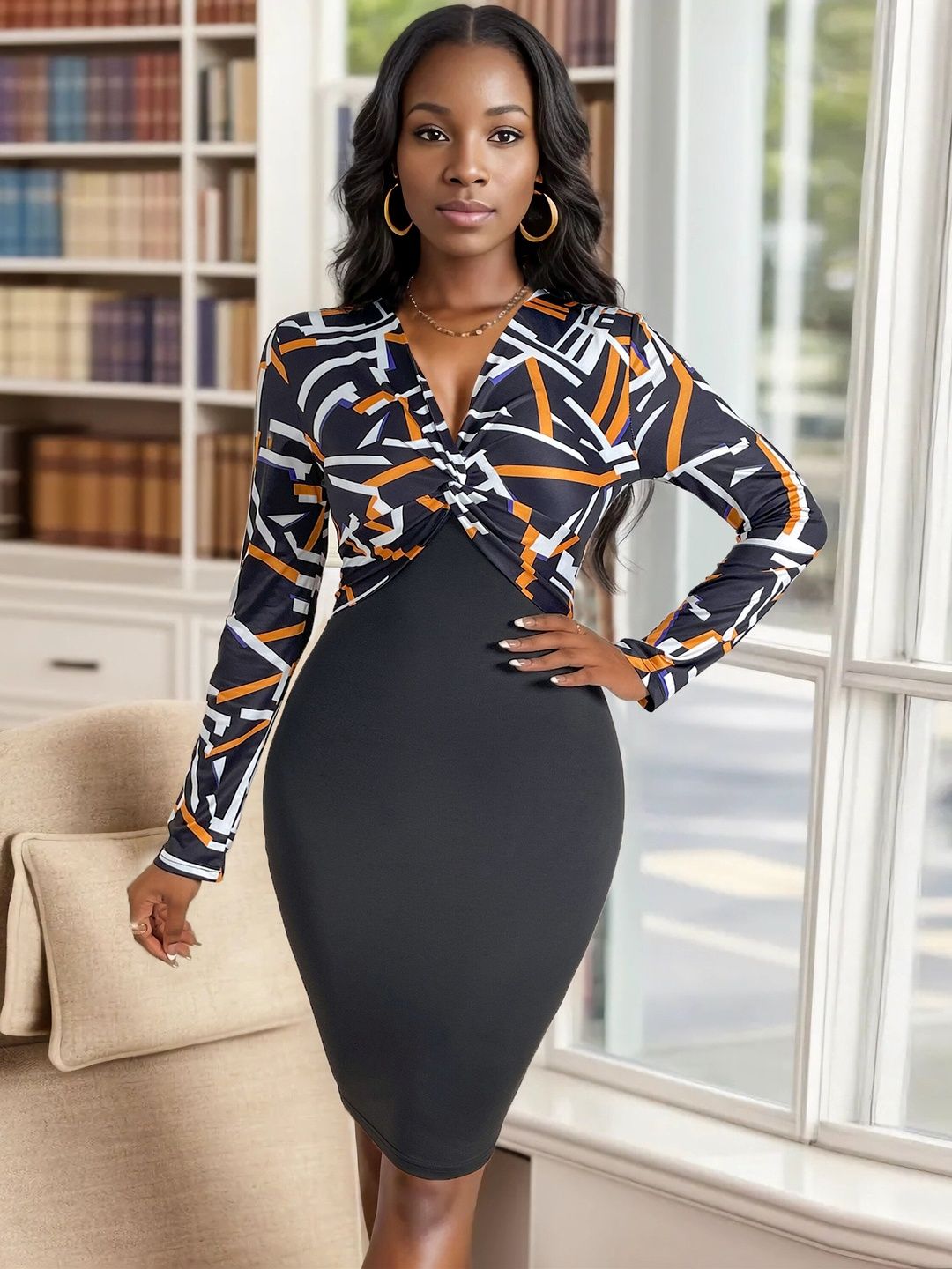 Print Bodycon Dress in Black - Nowi Korean Fashion