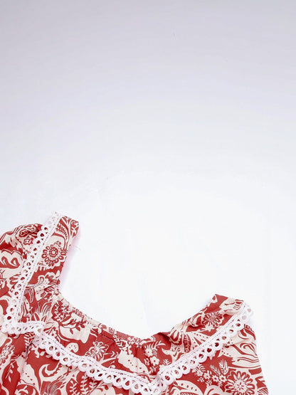 Women's Red Floral Print Ruffled A-Line Midi Dress