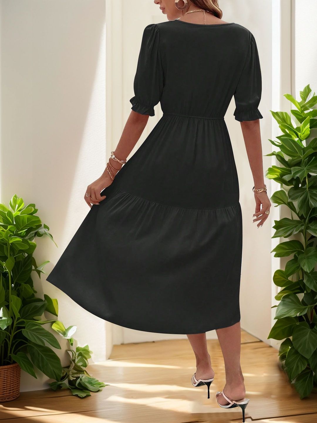Puff Sleeve A-Line Midi Dress