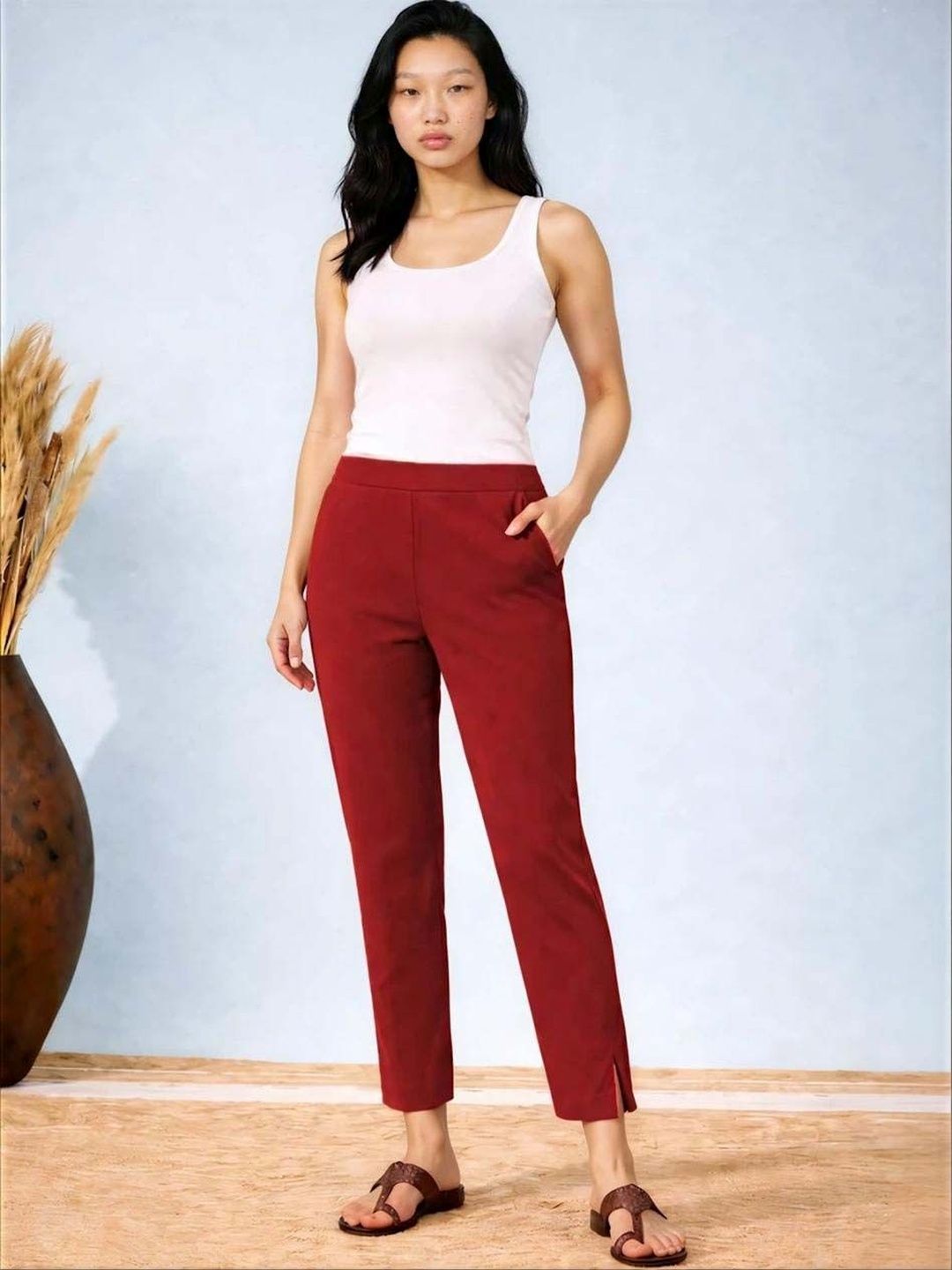 Wrinkle Free Trousers in Maroon polyester - Nowi Korean Fashion