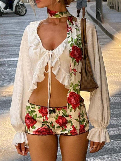 Women's White Floral Ruffles Cotton Crop Top
