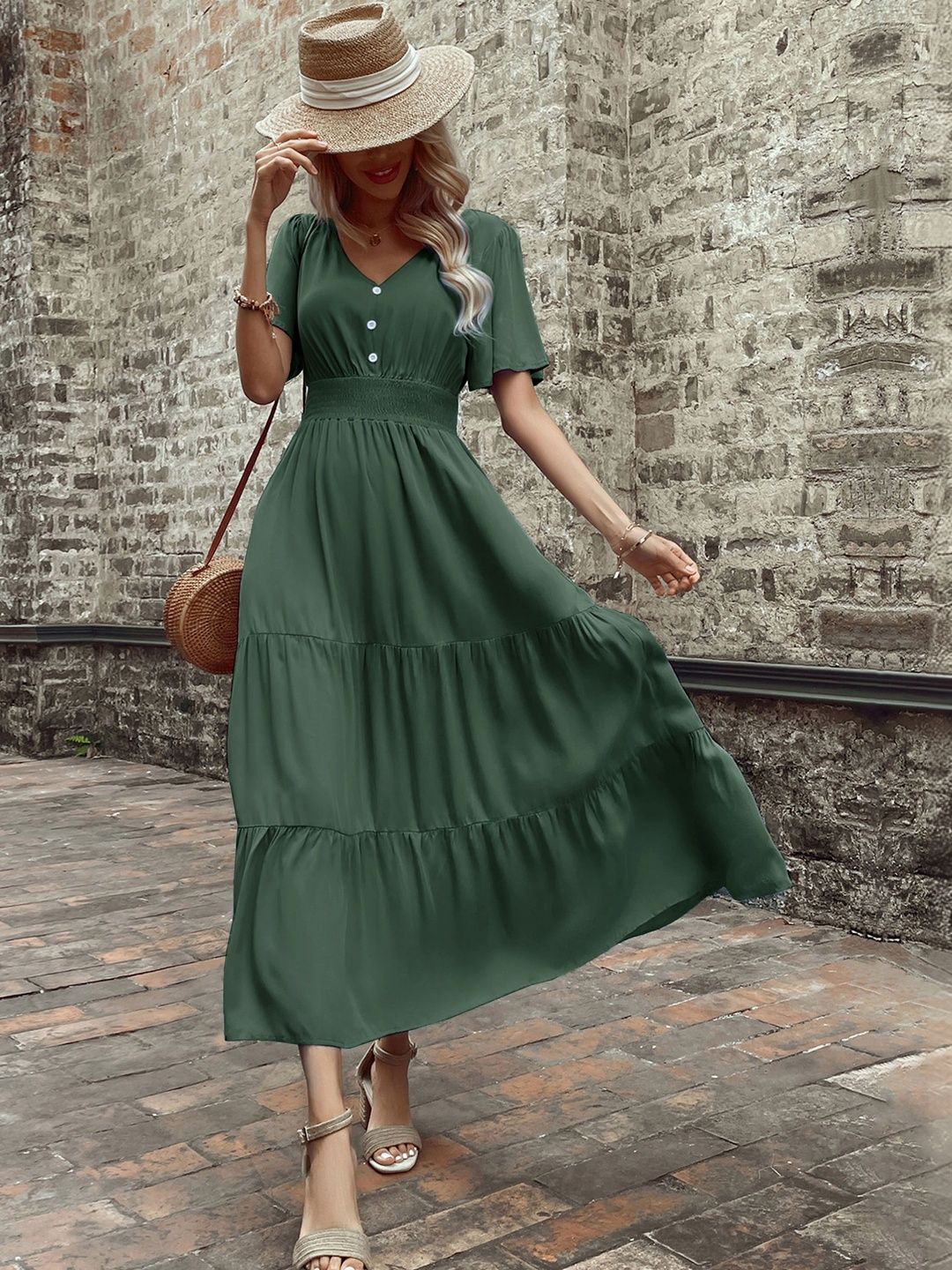 Flared Sleeve Fit & Flare Midi Dress