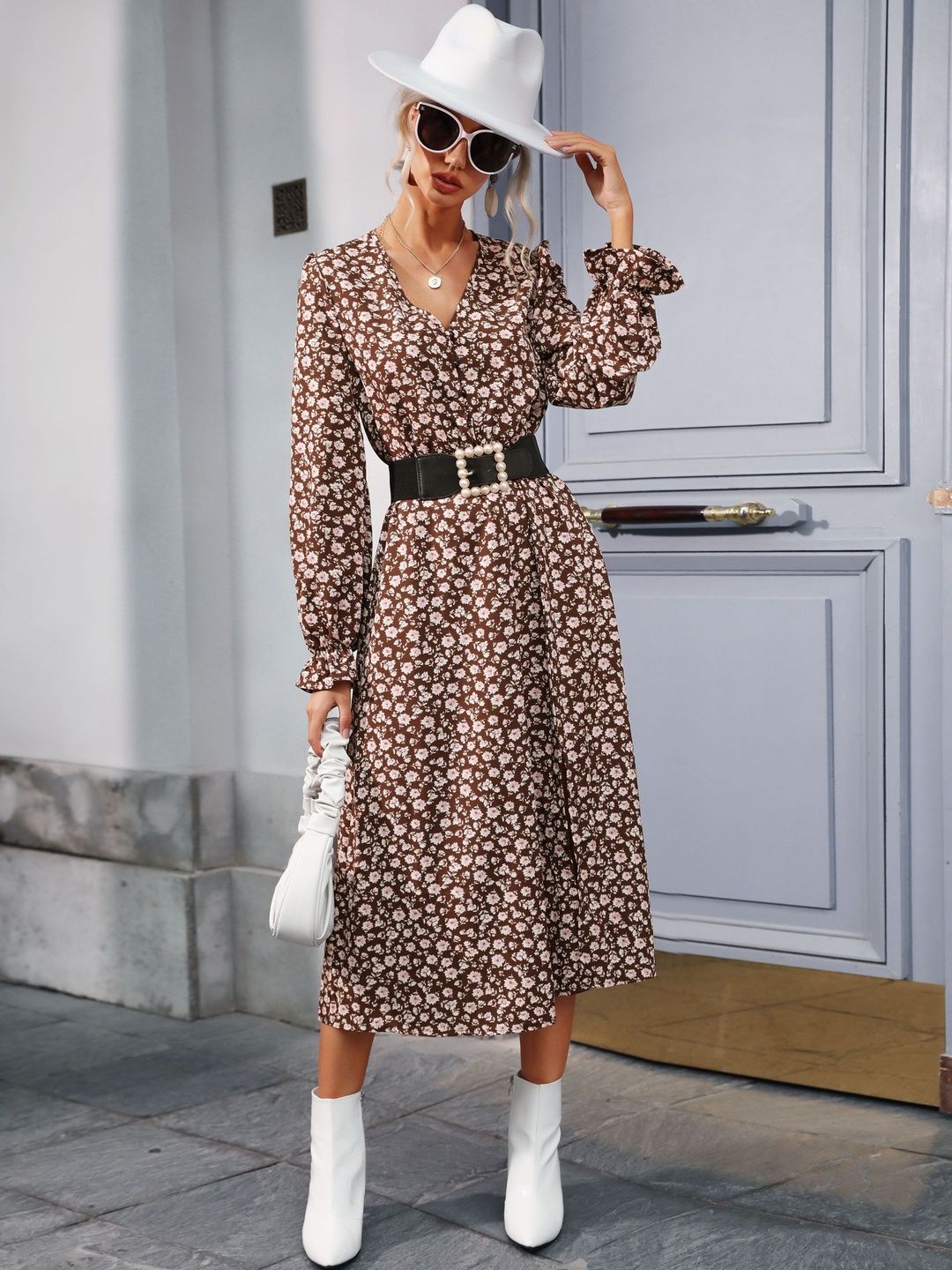 Floral Print A-Line Midi Dress in Brown - Nowi Korean Fashion
