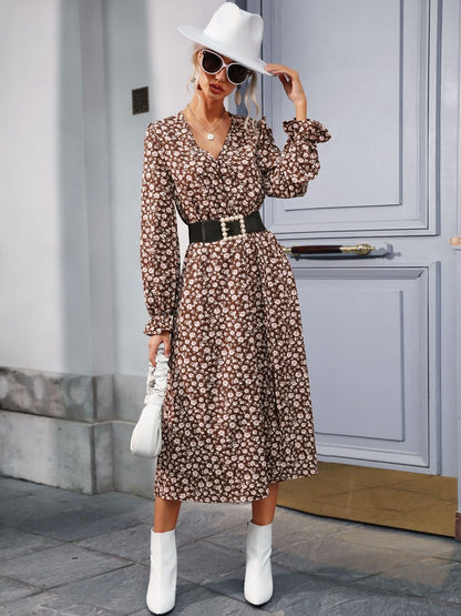 Floral Print A-Line Midi Dress in Brown - Nowi Korean Fashion