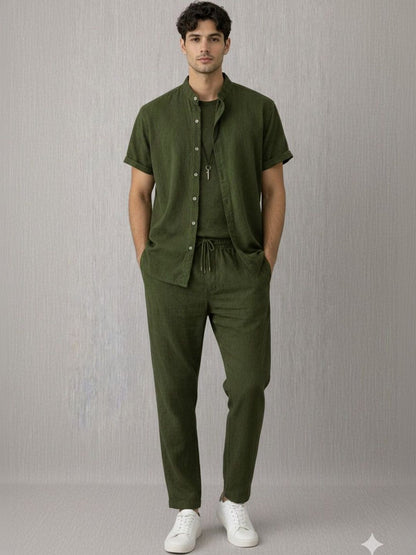 Green Mandarin Collar Shirt with Trousers Co-Ords