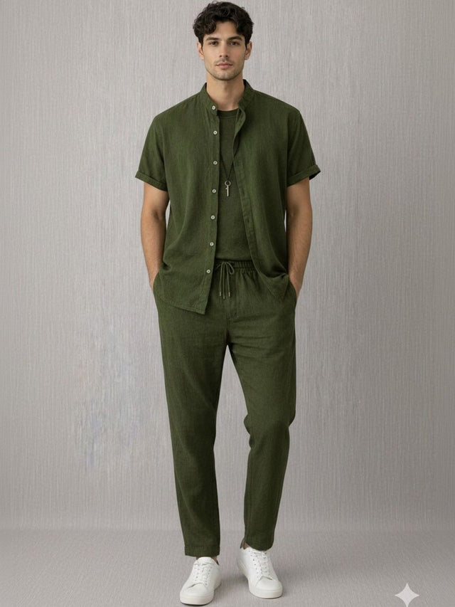 Green Mandarin Collar Shirt with Trousers Co-Ords
