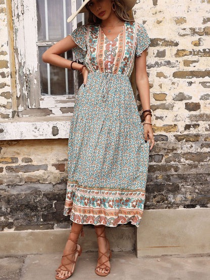 Floral Print A-Line Midi Dress Short Sleeve - Nowi Korean Fashion