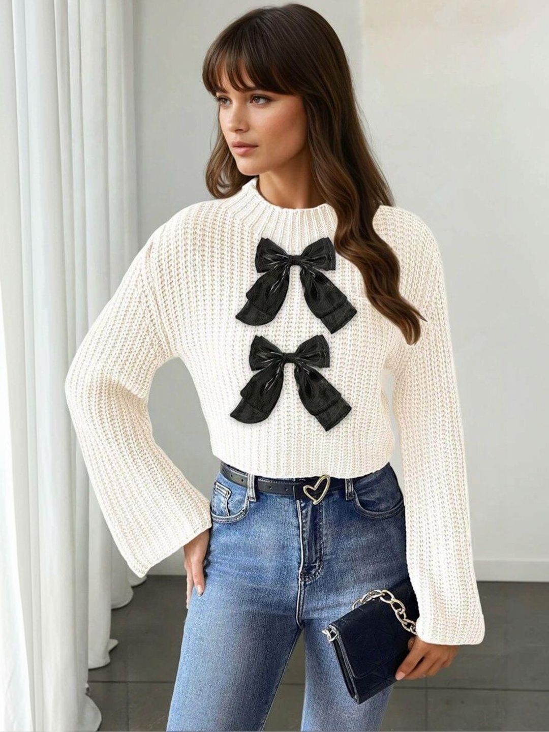 Ribbed Crop Pullover in White acrylic - Nowi Korean Fashion