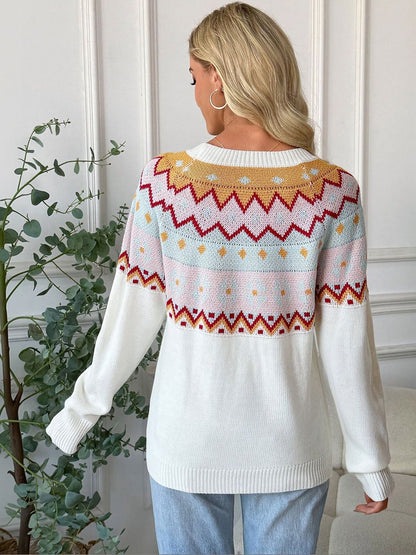 Women's White Fair Isle Printed Pullover Blend Regular Fit
