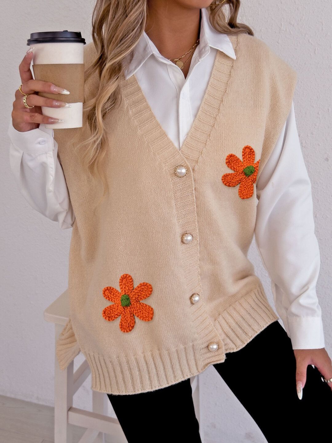Women Sweater Vest with Applique Detail