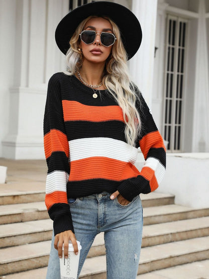 Women's Orange Striped Pullover Blend Regular Fit
