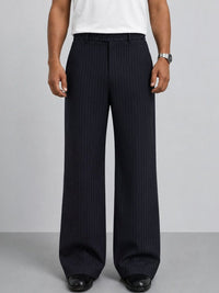 Navy Pinstripe Wide-Leg Trousers