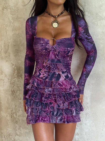 Women's Purple Print Ruffled Bodycon Mini Dress