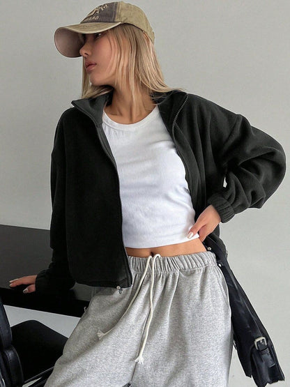 Women Fleece Lightweight Crop Open Front Jacket