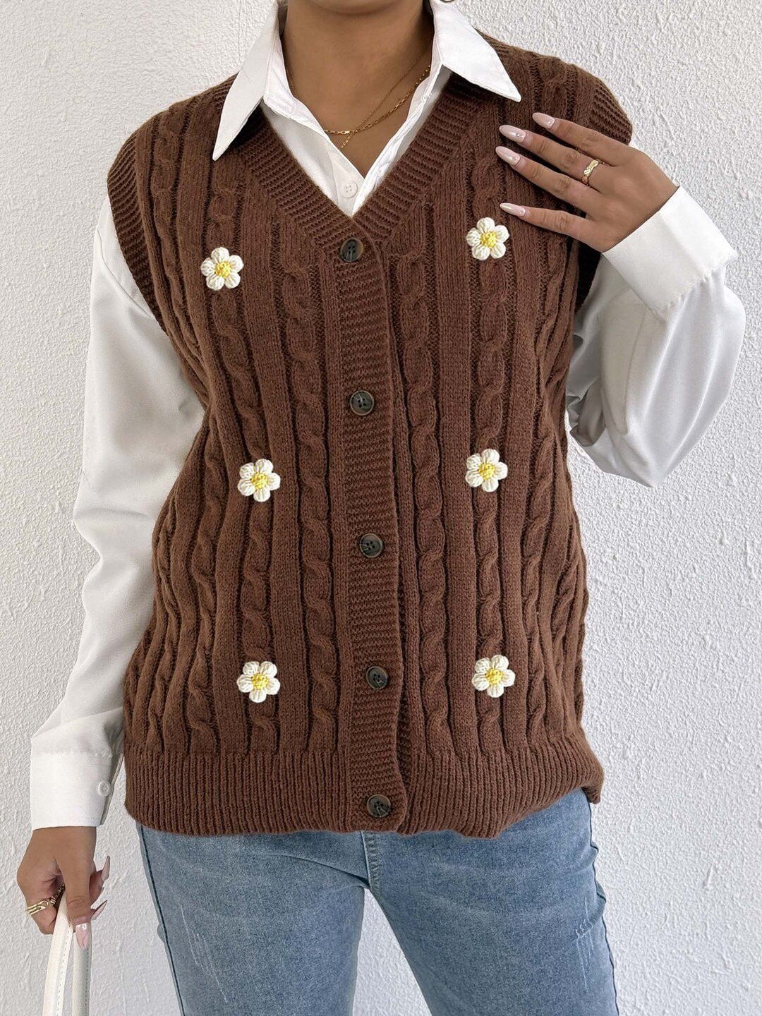 Women Cable Knit Ribbed Sweater Vest with Embroidered Detail