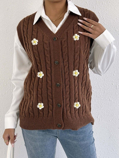 Women Cable Knit Ribbed Sweater Vest with Embroidered Detail