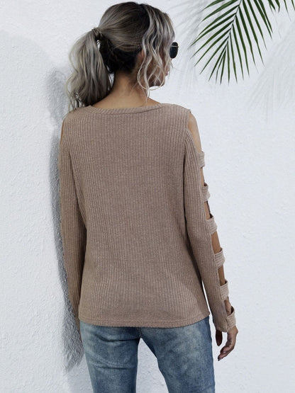 Women's Brown Ribbed Pullover Blend Printed Regular Fit