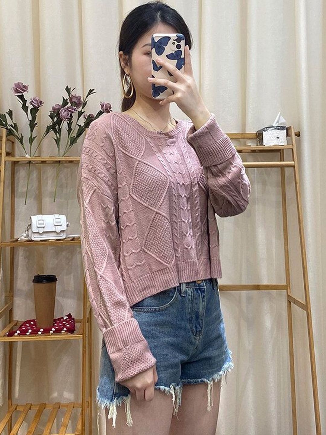 Women's Pink Cable Knit Crop Pullover