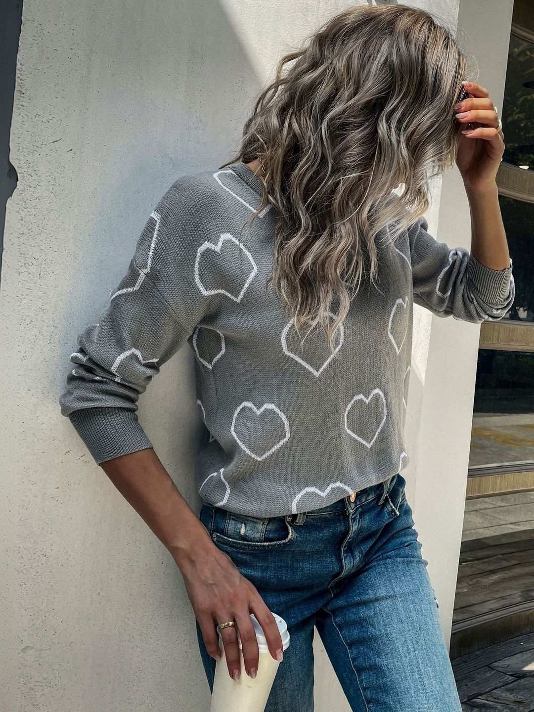 Printed Pullover in Grey - Nowi Korean Fashion