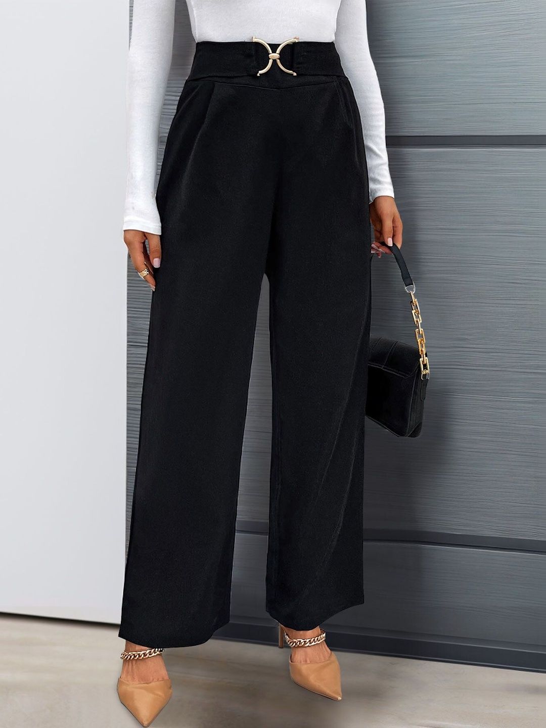High-Rise Pleated Trousers in Black - Nowi Korean Fashion