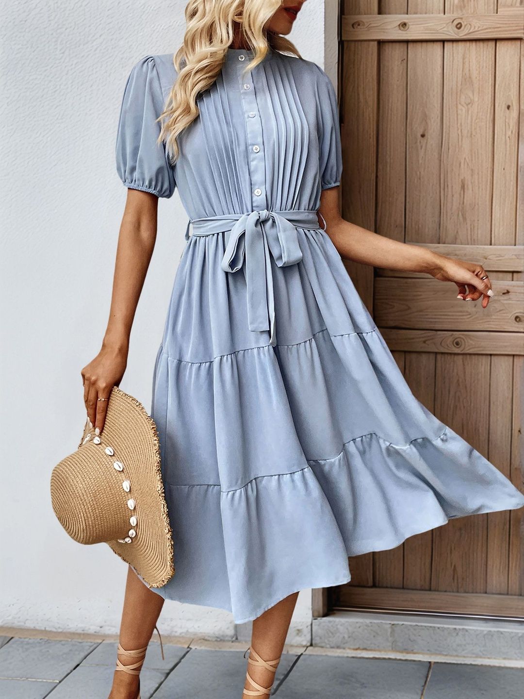 Puff Sleeve A-Line Midi Dress