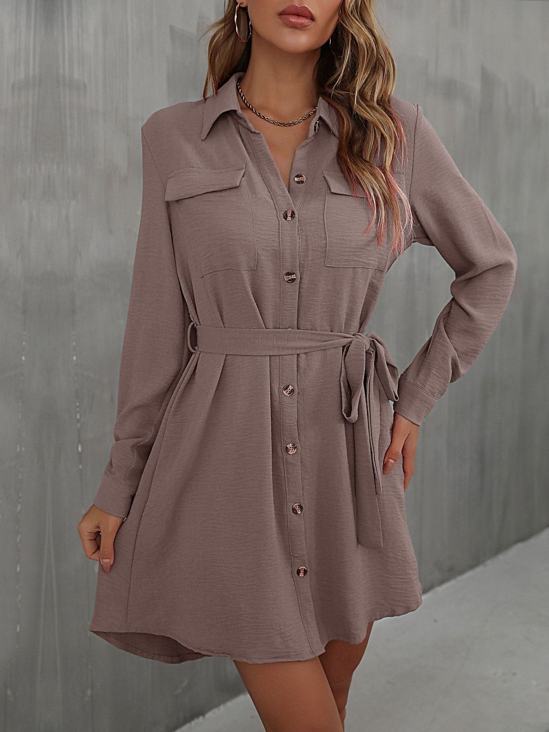 Women's Brown Shirt Dress Blend Printed Regular Fit
