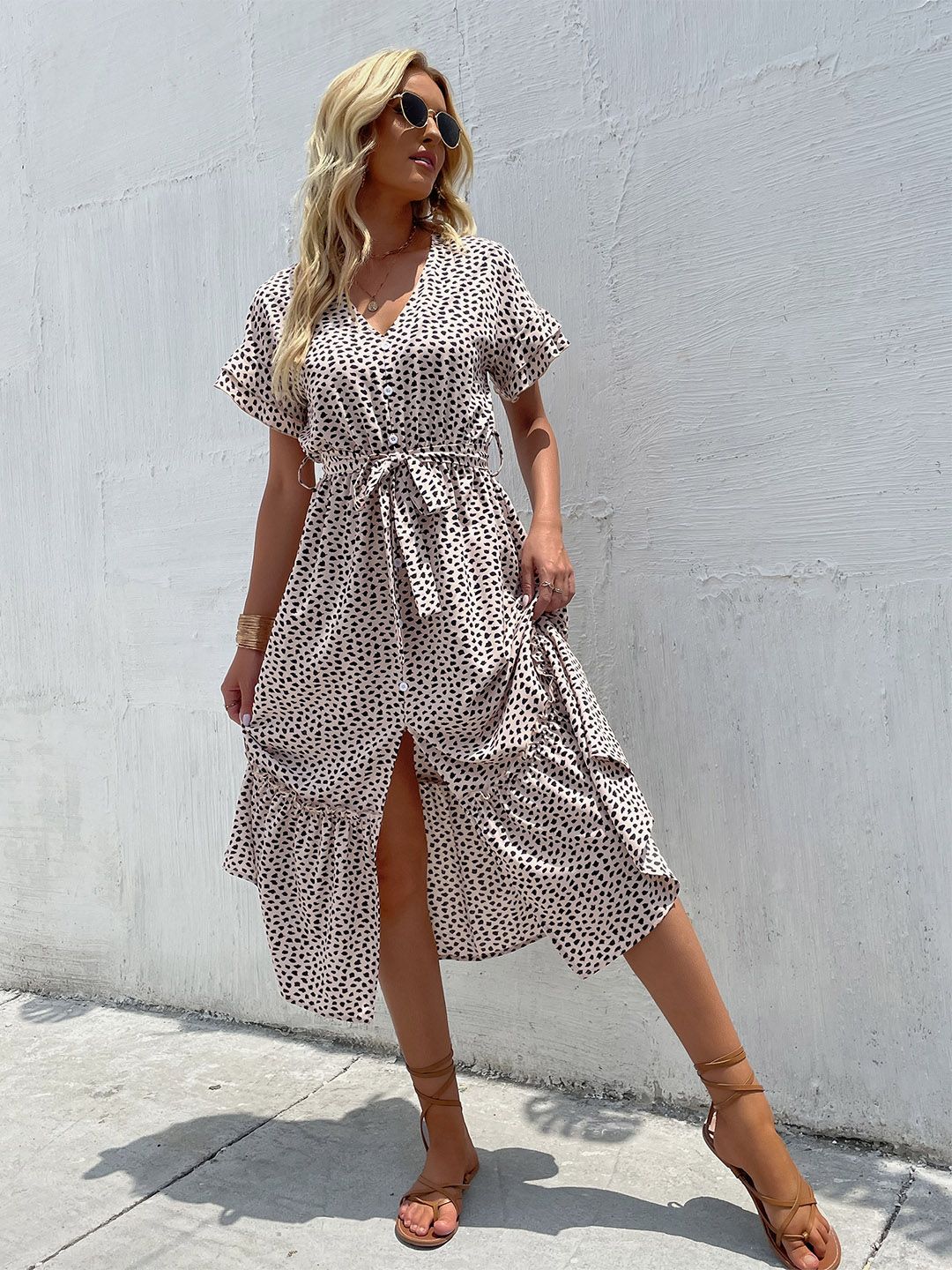 Animal Print Flutter Sleeve Midi Dress in Beige polyester Printed - Nowi Korean Fashion