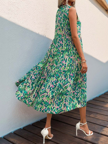 Women's Green Print Tie-Up Neck A-Line Midi Dress