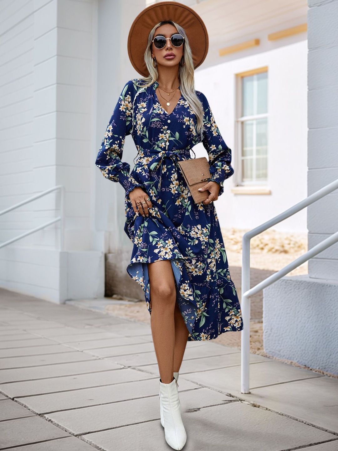 Floral Print Puff Sleeve Fit & Flare Midi Dress