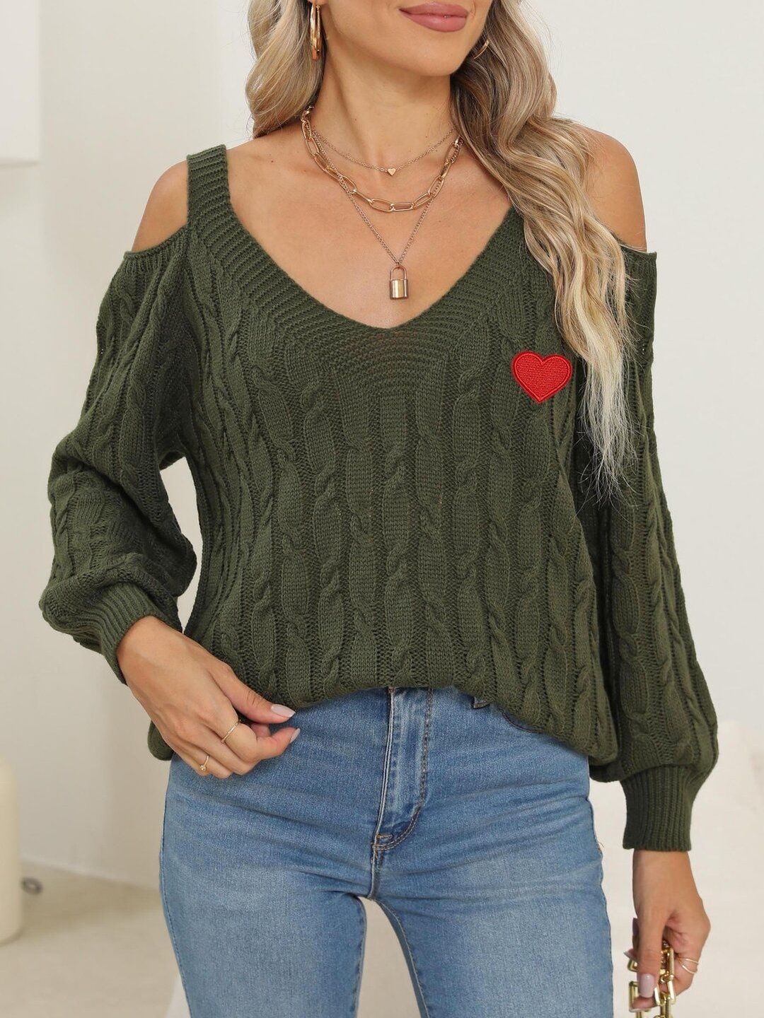 Women Cable Knit Pullover with Embroidered Detail