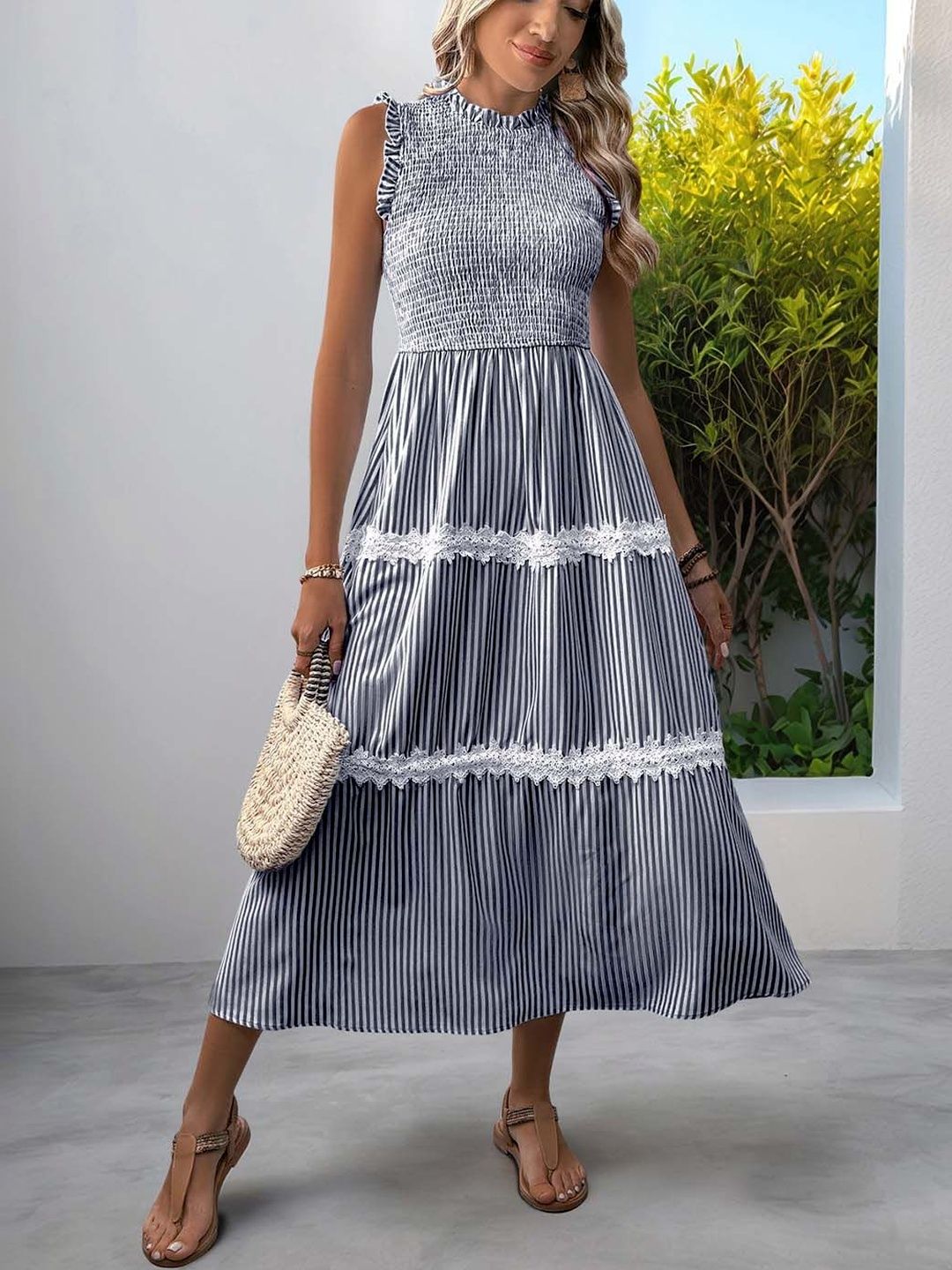 Striped Puff Sleeve A-Line Midi Dress