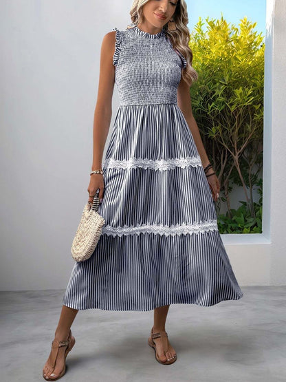 Striped Puff Sleeve A-Line Midi Dress