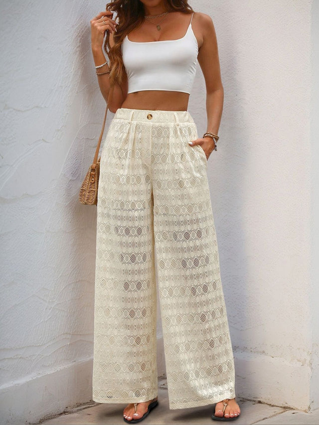 Textured Loose Fit High-Rise Non Iron Trousers in Beige linen - Nowi Korean Fashion