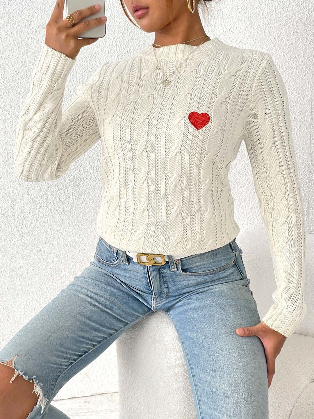 Women Cable Knit Pullover with Embroidered Detail