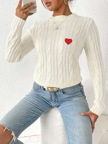 Women Cable Knit Pullover with Embroidered Detail
