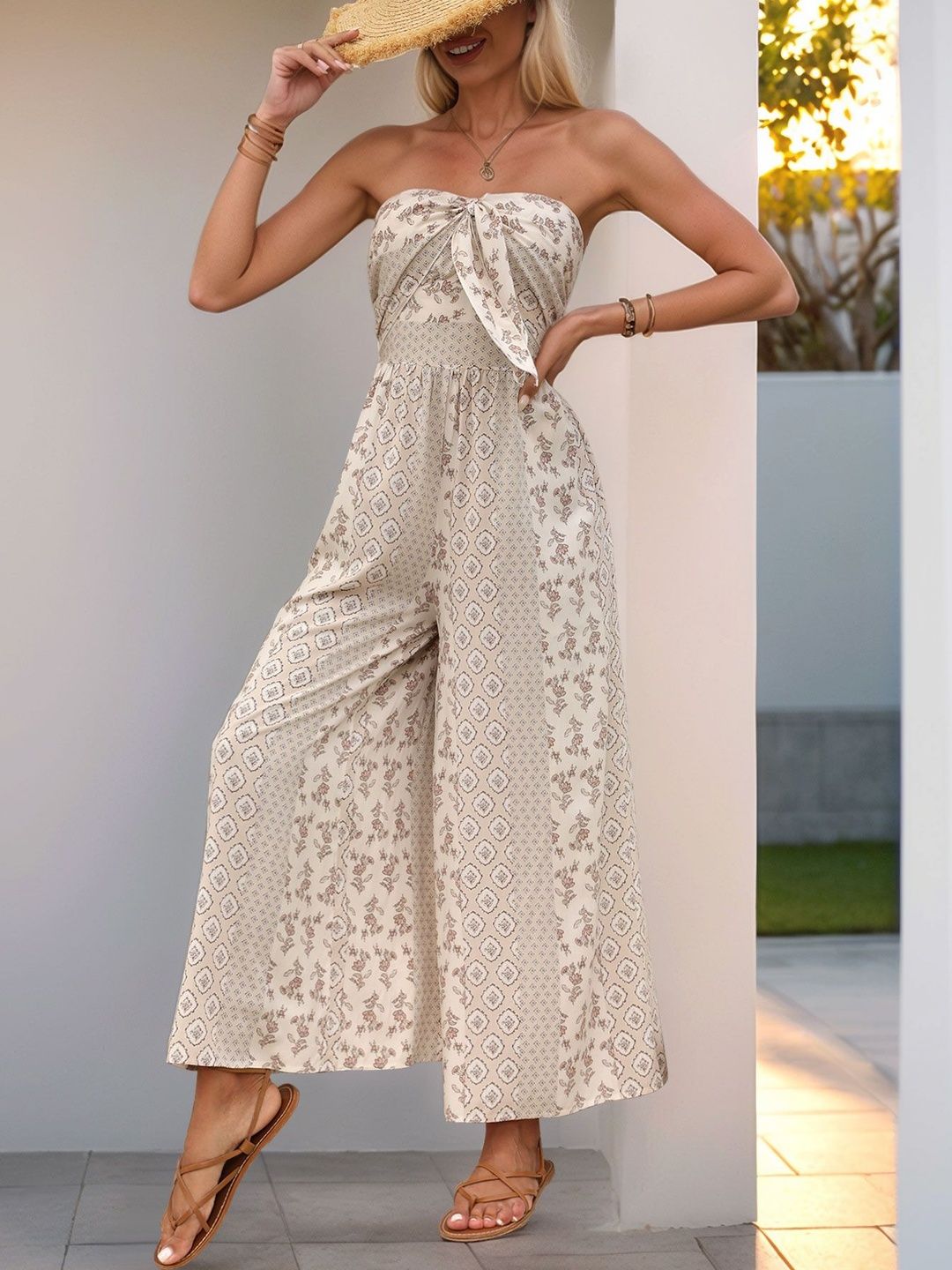 Strapless Printed Culotte Jumpsuit - Nowi Korean Fashion