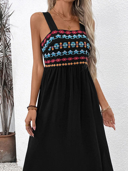 Bohemian Embroidered A-Line Midi Dress