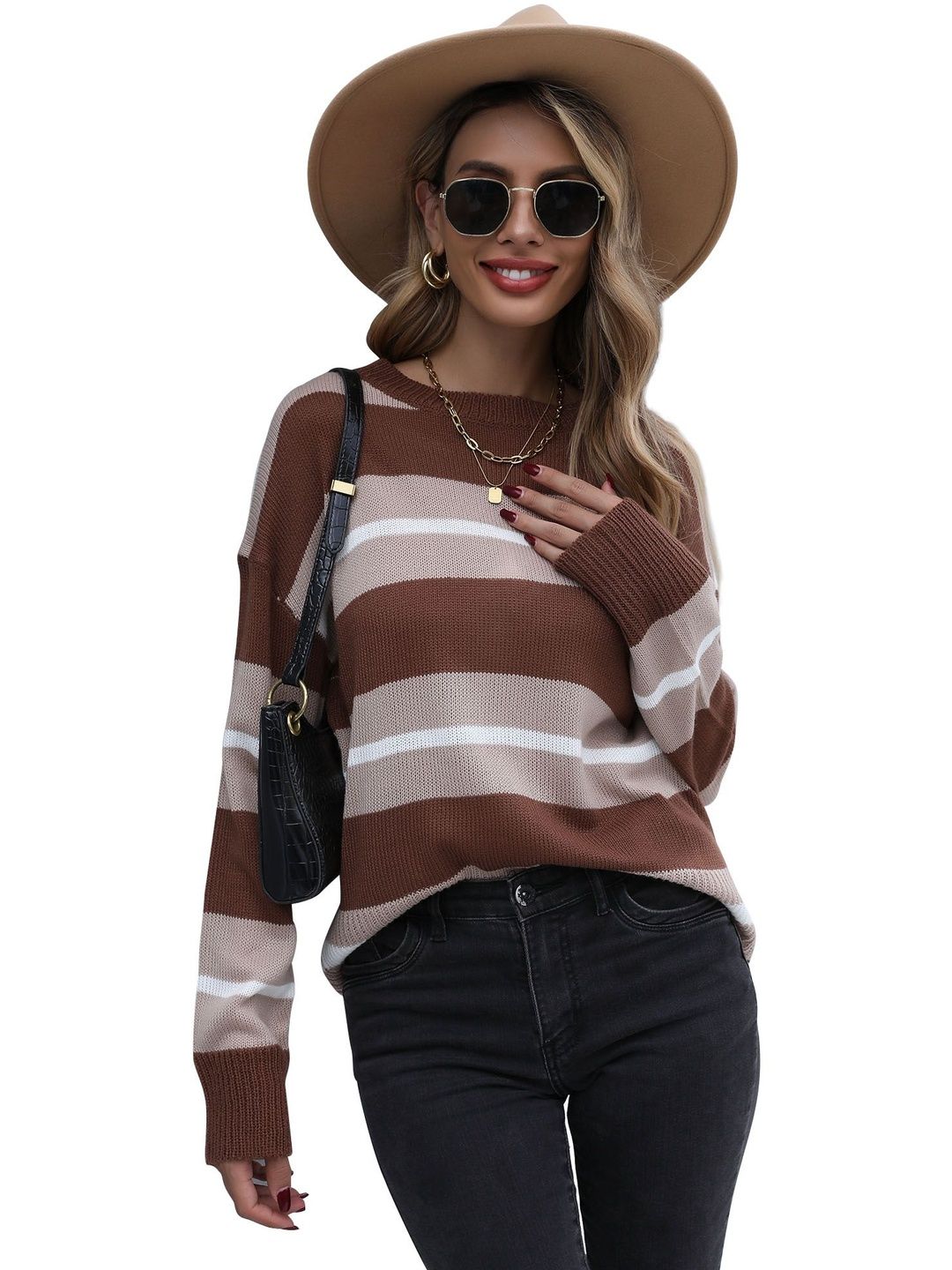 Women's Brown Striped Pullover Blend Regular Fit