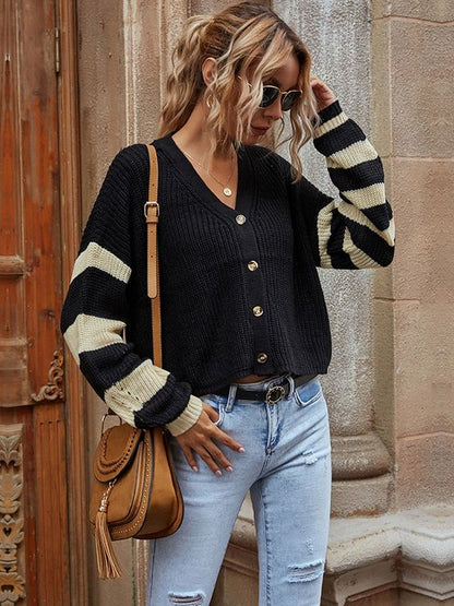 Women's Black Striped Crop Cardigan