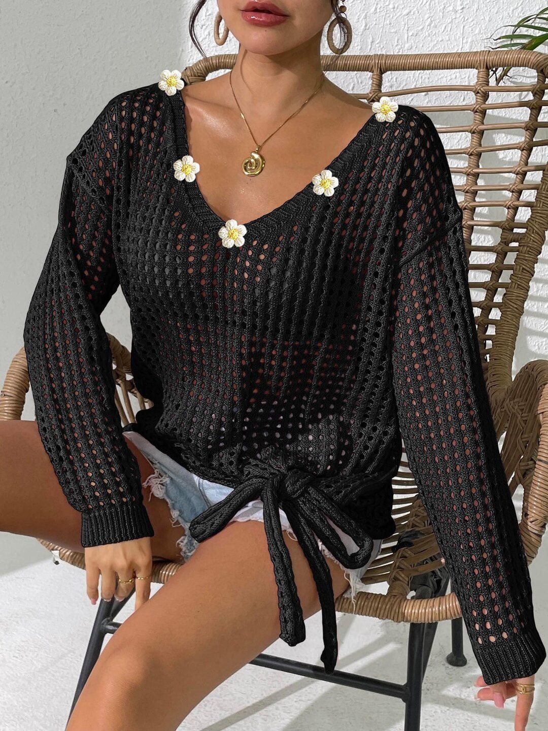Ribbed Pullover with Embellished Detail in Black acrylic Long Sleeve - Nowi Korean Fashion