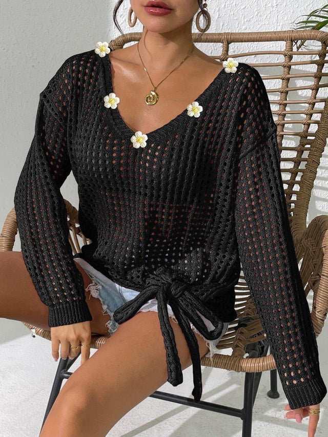 Ribbed Pullover with Embellished Detail in Black acrylic Long Sleeve - Nowi Korean Fashion