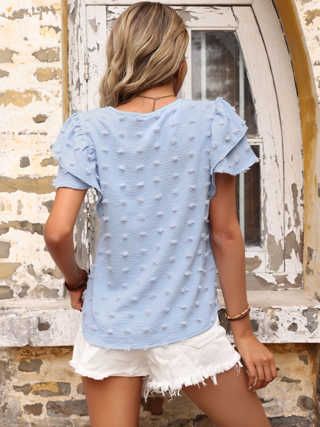 Tie-Up Neck Flutter Sleeve Cotton Top